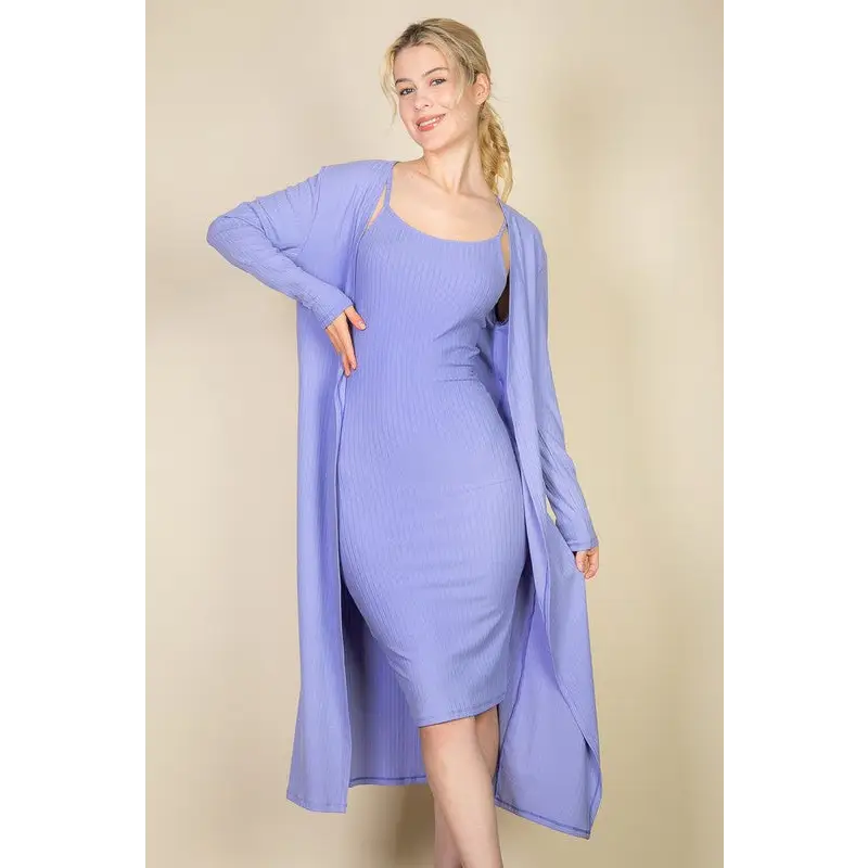 Ribbed Cardigan & Cami Midi Bodycon Dress.