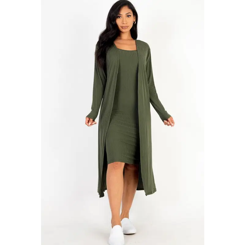 Ribbed Cardigan & Cami Midi Bodycon Dress.