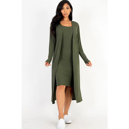 Ribbed Cardigan & Cami Midi Bodycon Dress.