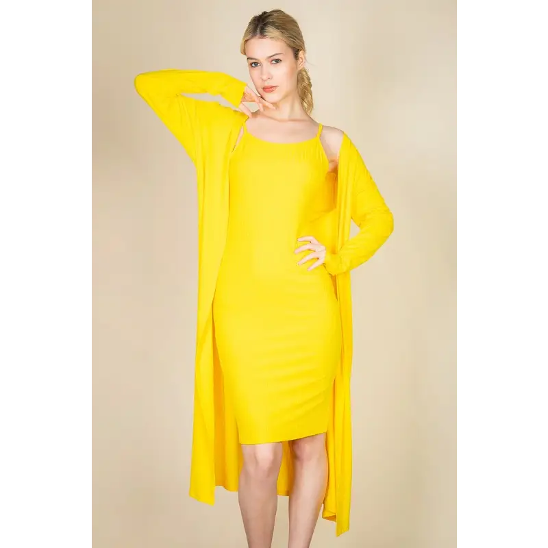 Ribbed Cardigan & Cami Midi Bodycon Dress.
