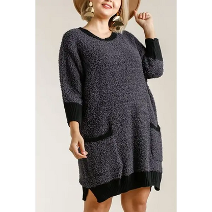 Ribbed Hem Round Neck 3/4 Sleeve Sweater Dress with Pockets.