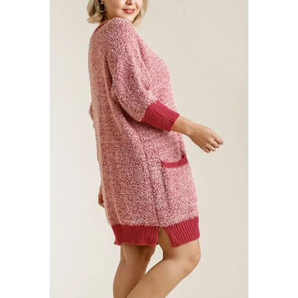 Ribbed Hem Round Neck 3/4 Sleeve Sweater Dress with Pockets.