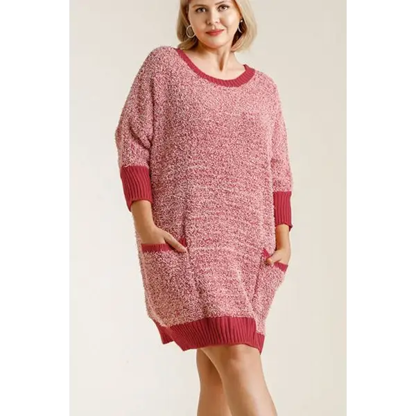 Ribbed Hem Round Neck 3/4 Sleeve Sweater Dress with Pockets.