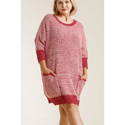 Ribbed Hem Round Neck 3/4 Sleeve Sweater Dress with Pockets.