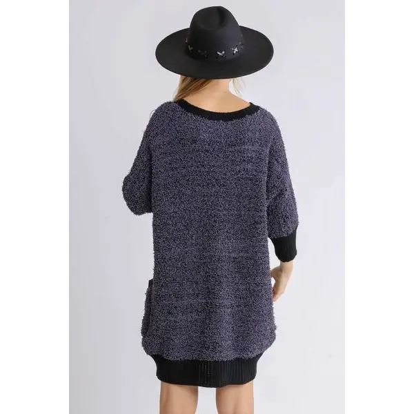 Ribbed Hem Round Neck 3/4 Sleeve Sweater Dress with Pockets.