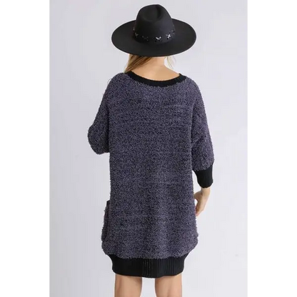 Ribbed Hem Round Neck 3/4 Sleeve Sweater Dress with Pockets.