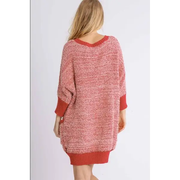 Ribbed Hem Round Neck 3/4 Sleeve Sweater Dress with Pockets.