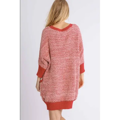 Ribbed Hem Round Neck 3/4 Sleeve Sweater Dress with Pockets.