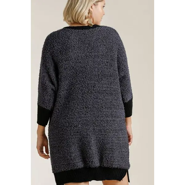 Ribbed Hem Round Neck 3/4 Sleeve Sweater Dress with Pockets.