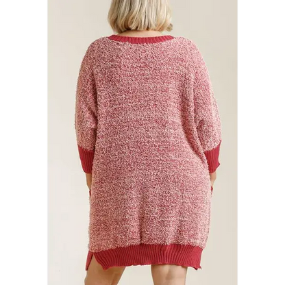 Ribbed Hem Round Neck 3/4 Sleeve Sweater Dress with Pockets.