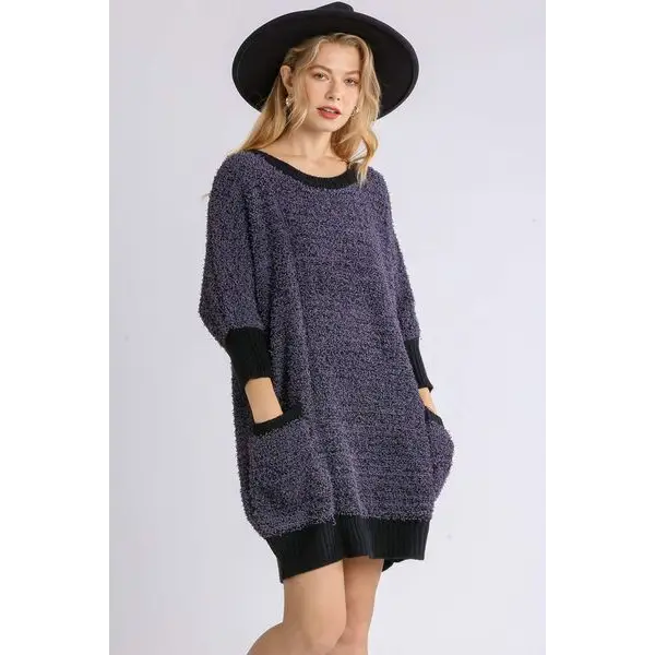Ribbed Hem Round Neck 3/4 Sleeve Sweater Dress with Pockets.