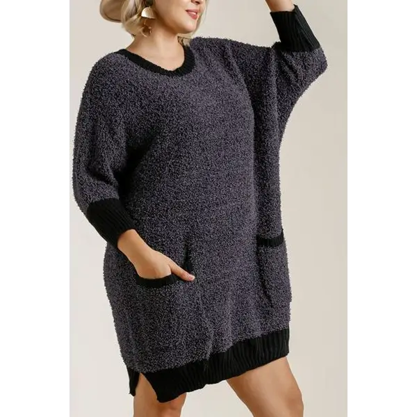 Ribbed Hem Round Neck 3/4 Sleeve Sweater Dress with Pockets.