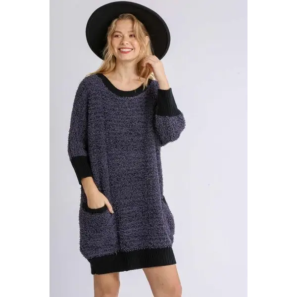 Ribbed Hem Round Neck 3/4 Sleeve Sweater Dress with Pockets.