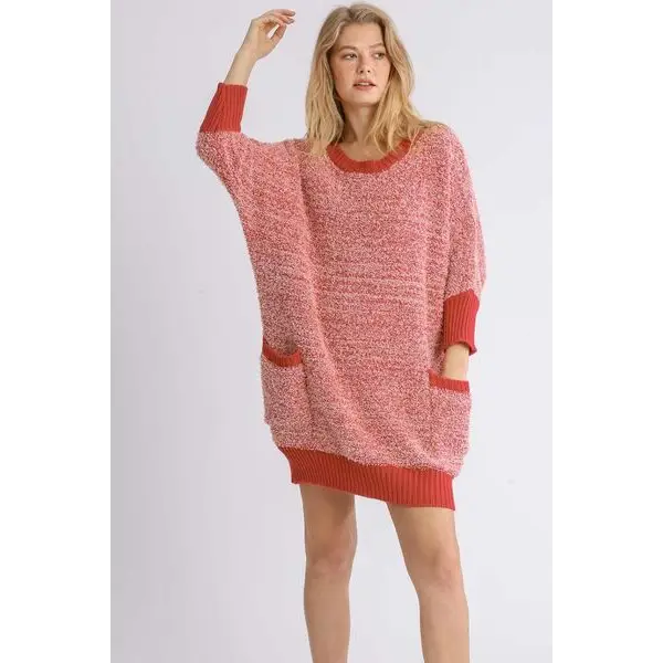 Ribbed Hem Round Neck 3/4 Sleeve Sweater Dress with Pockets.