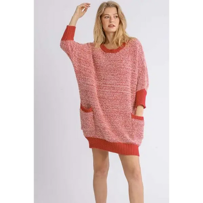 Ribbed Hem Round Neck 3/4 Sleeve Sweater Dress with Pockets.