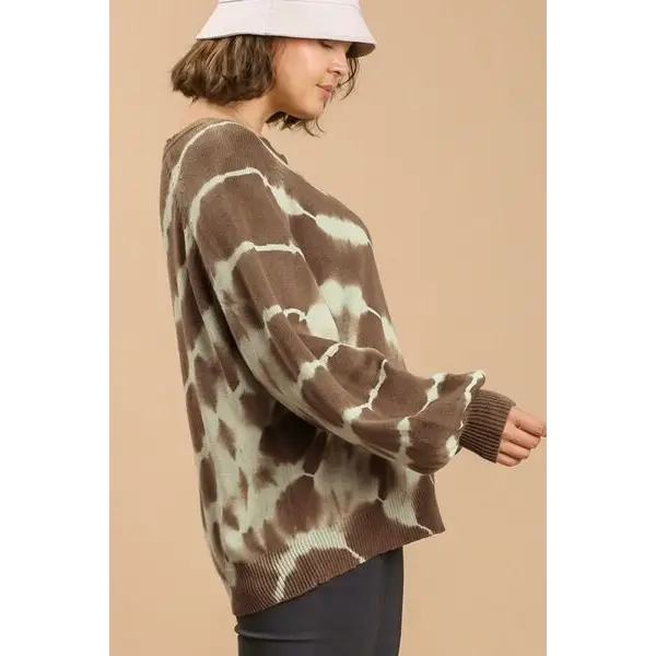 Ribbed Hem Tie Dye Round Neck Sweater.