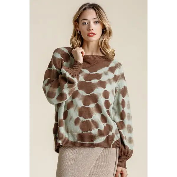 Ribbed Hem Tie Dye Round Neck Sweater.