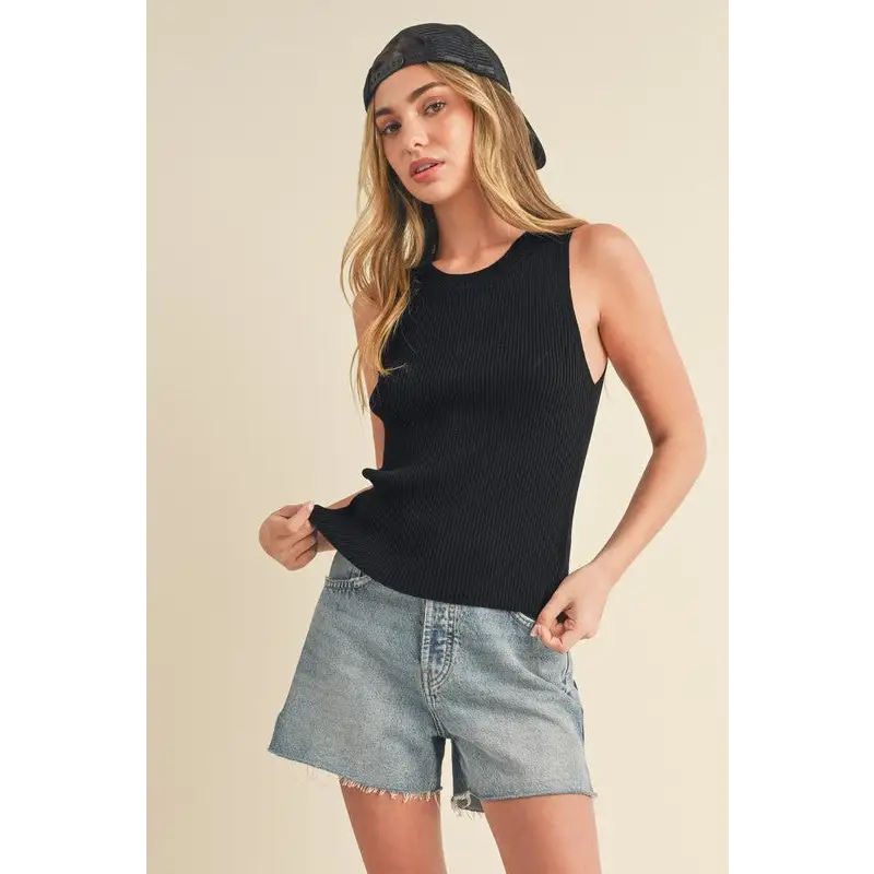 Ribbed Round Neck Knit Tank.