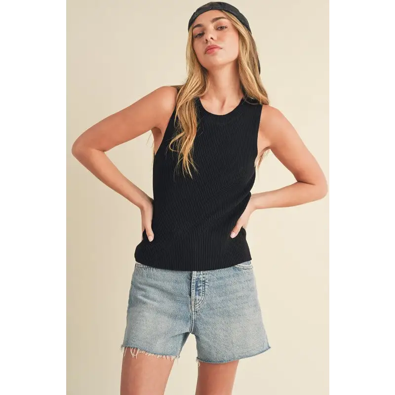 Ribbed Round Neck Knit Tank.