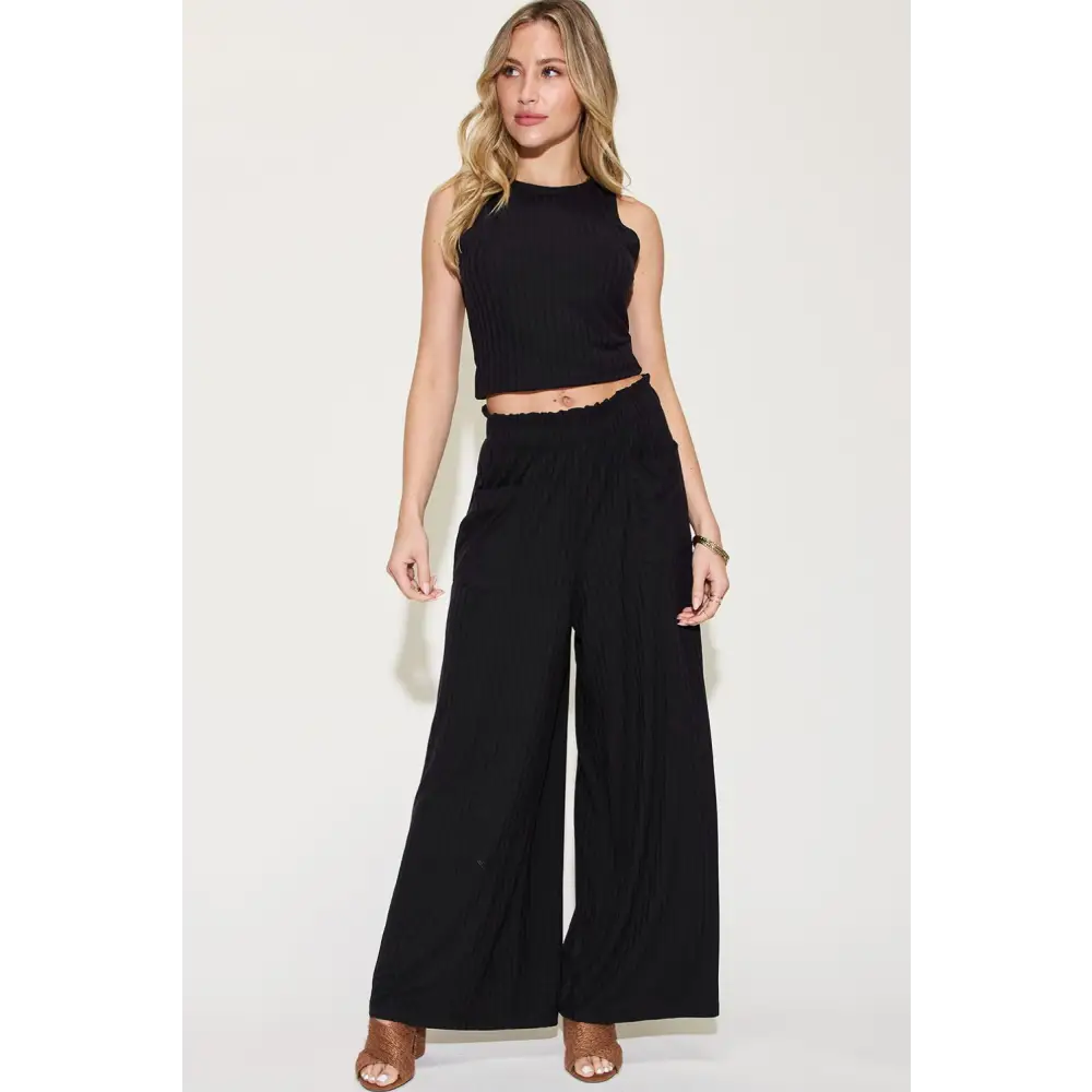 Ribbed Tank and Wide Leg Pants Set.
