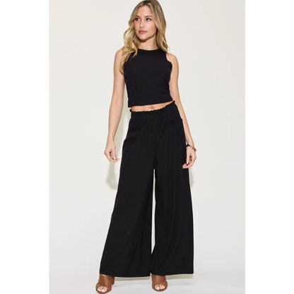 Ribbed Tank and Wide Leg Pants Set.