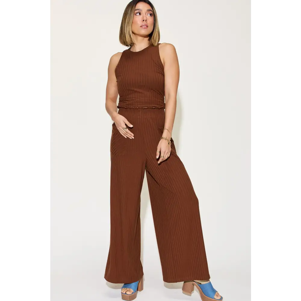 Ribbed Tank and Wide Leg Pants Set.