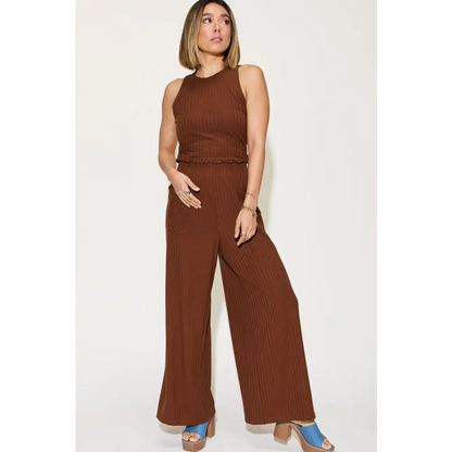 Ribbed Tank and Wide Leg Pants Set.
