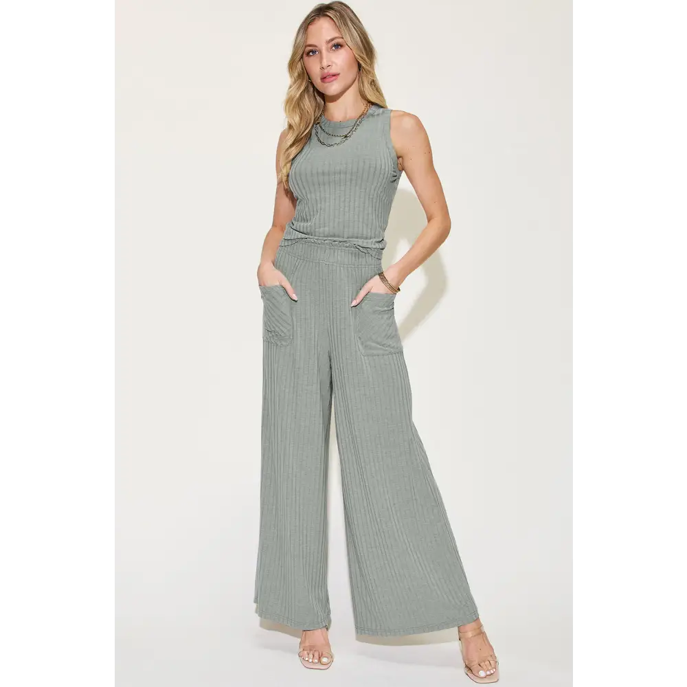 Ribbed Tank and Wide Leg Pants Set.
