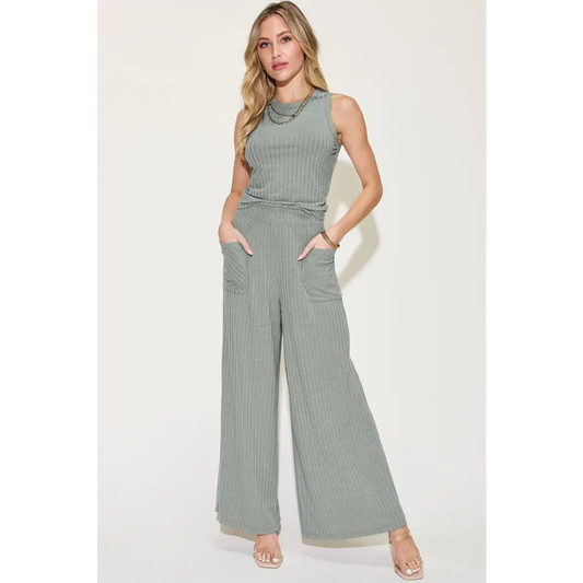 Ribbed Tank and Wide Leg Pants Set.