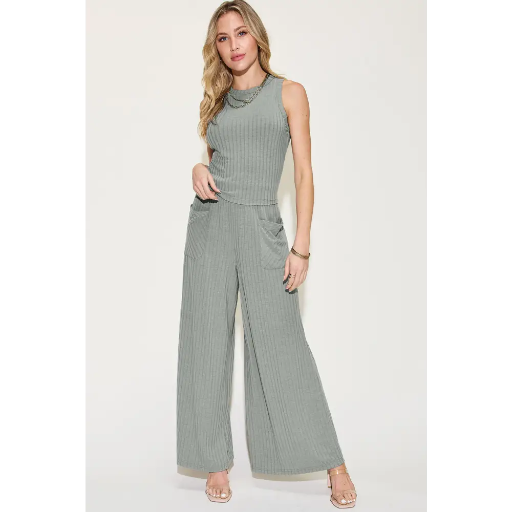 Ribbed Tank and Wide Leg Pants Set.