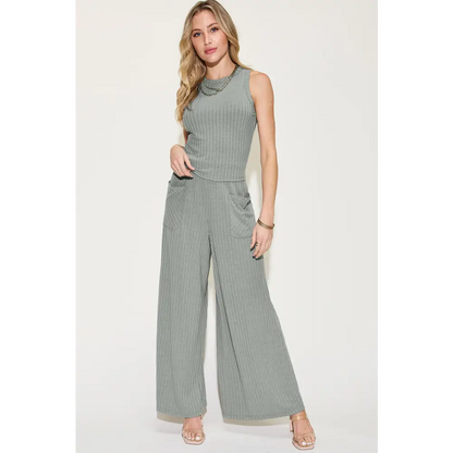 Ribbed Tank and Wide Leg Pants Set.