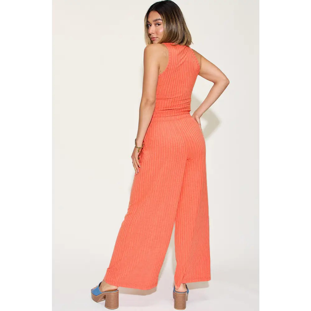 Ribbed Tank and Wide Leg Pants Set.