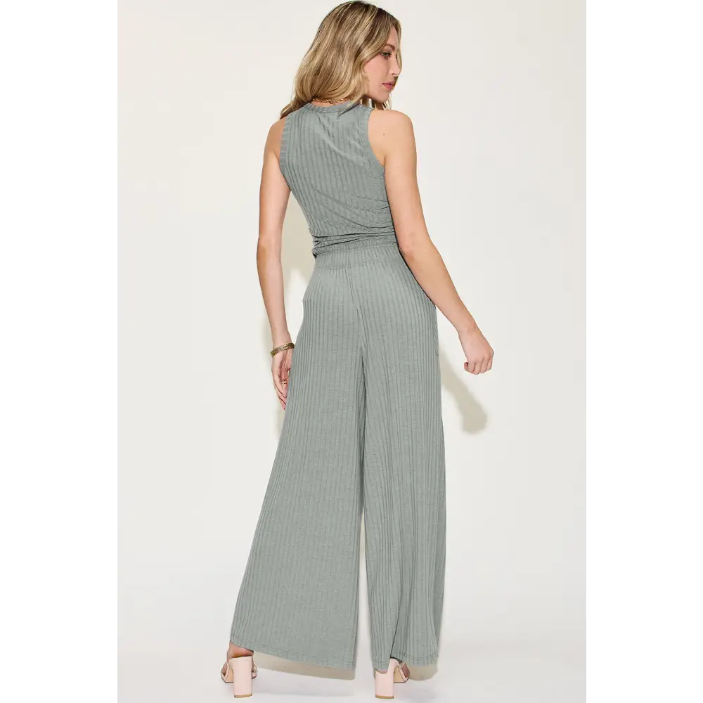 Ribbed Tank and Wide Leg Pants Set.