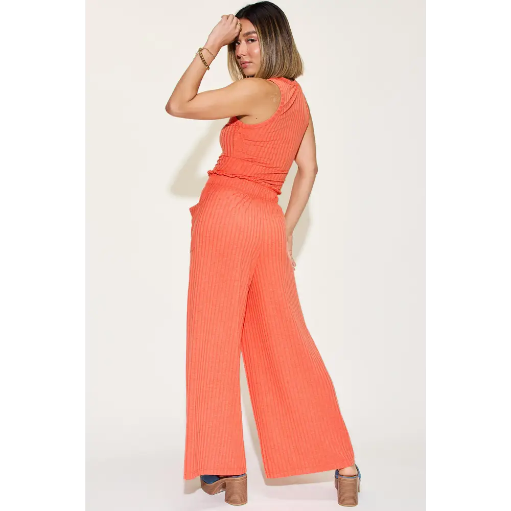 Ribbed Tank and Wide Leg Pants Set.