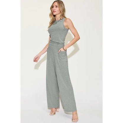 Ribbed Tank and Wide Leg Pants Set.