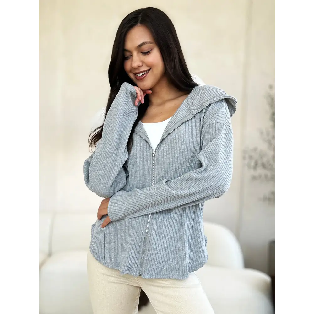 Ribbed Zip Up Drawstring Hooded Jacket.