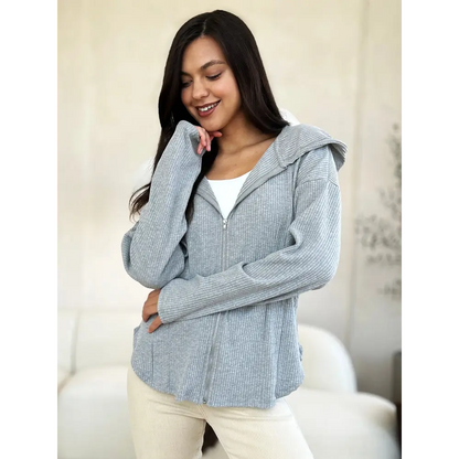 Ribbed Zip Up Drawstring Hooded Jacket.
