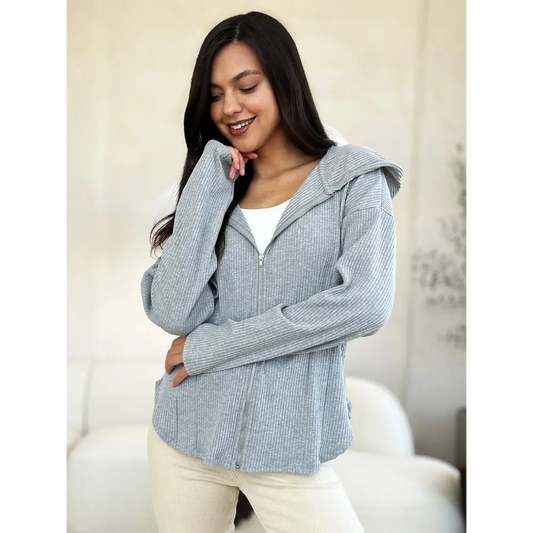 Ribbed Zip Up Drawstring Hooded Jacket.