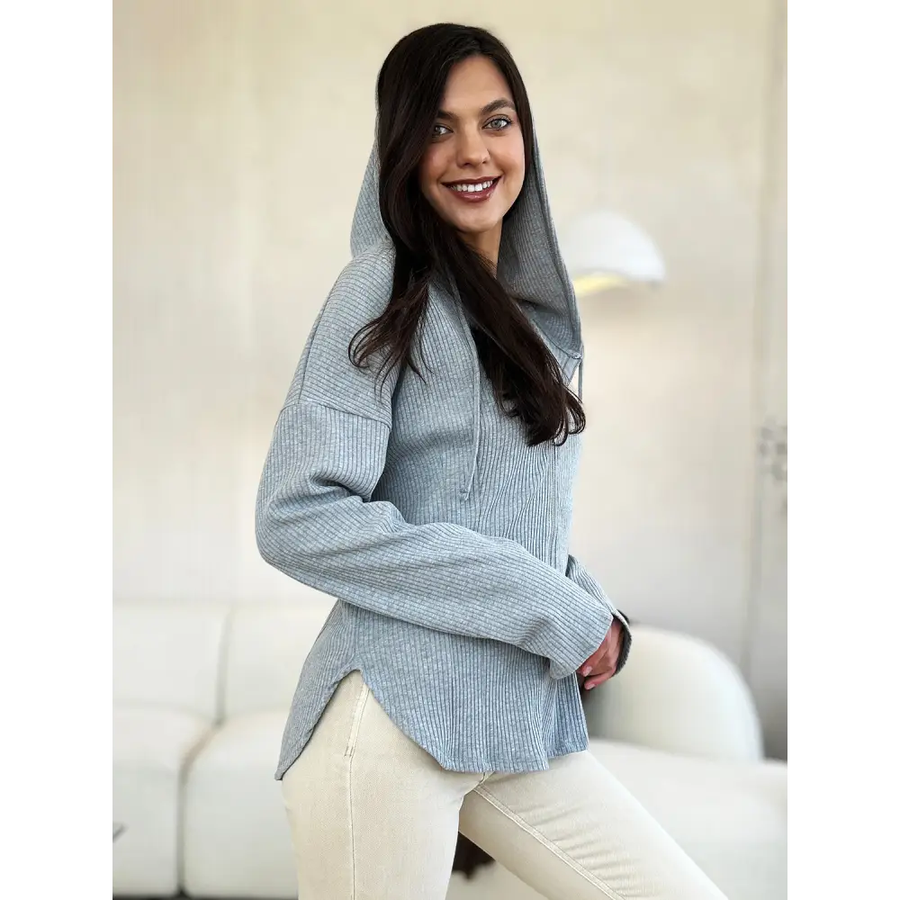 Ribbed Zip Up Drawstring Hooded Jacket.