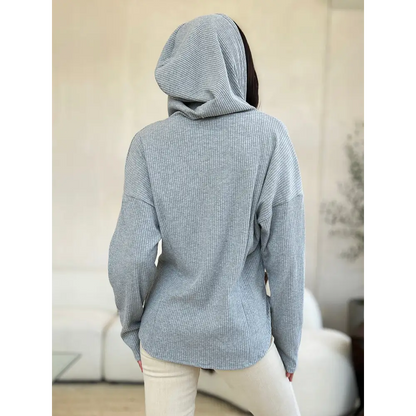 Ribbed Zip Up Drawstring Hooded Jacket.
