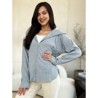 Ribbed Zip Up Drawstring Hooded Jacket.