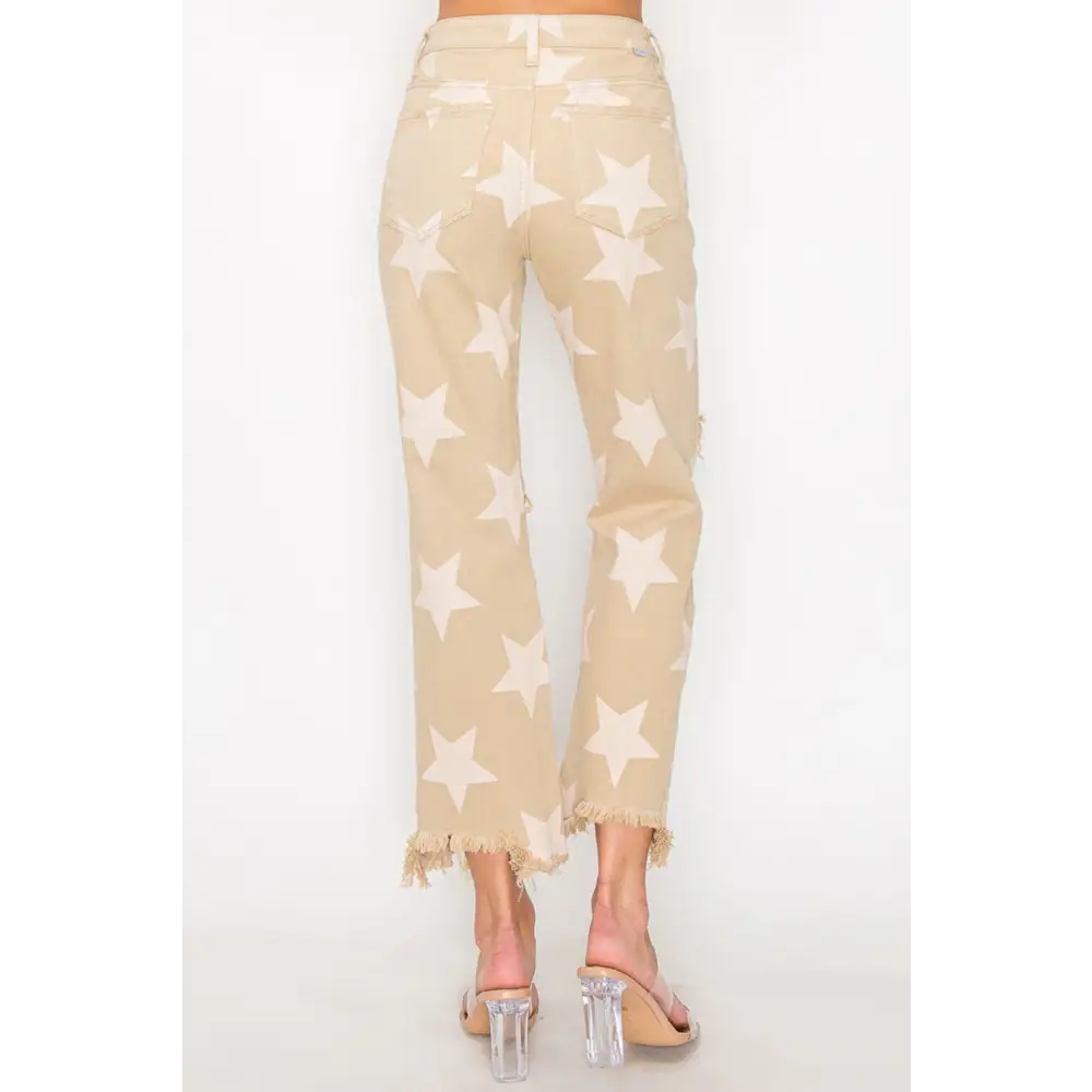RISEN Full Size High Rise Star Printed Frayed Hem Jeans.