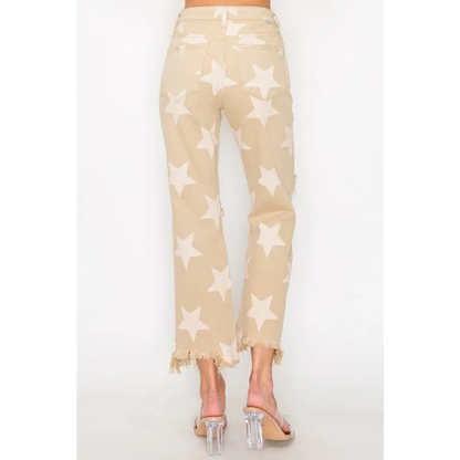 RISEN Full Size High Rise Star Printed Frayed Hem Jeans.