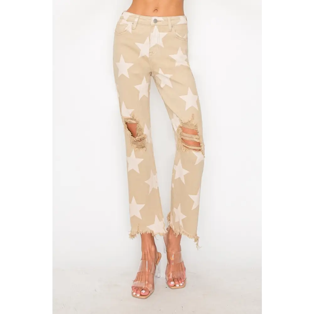 RISEN Full Size High Rise Star Printed Frayed Hem Jeans.