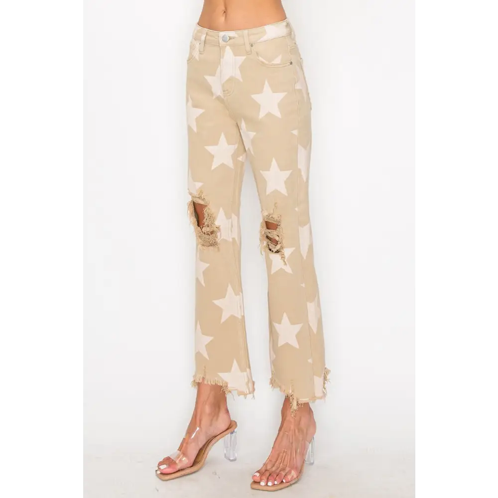 RISEN Full Size High Rise Star Printed Frayed Hem Jeans.
