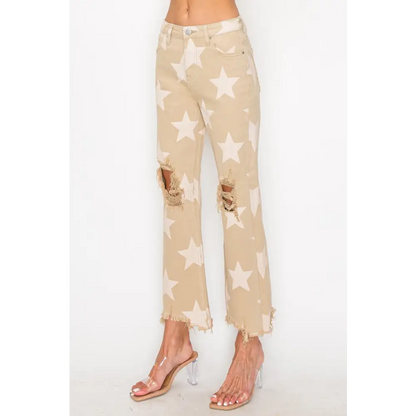 RISEN Full Size High Rise Star Printed Frayed Hem Jeans.