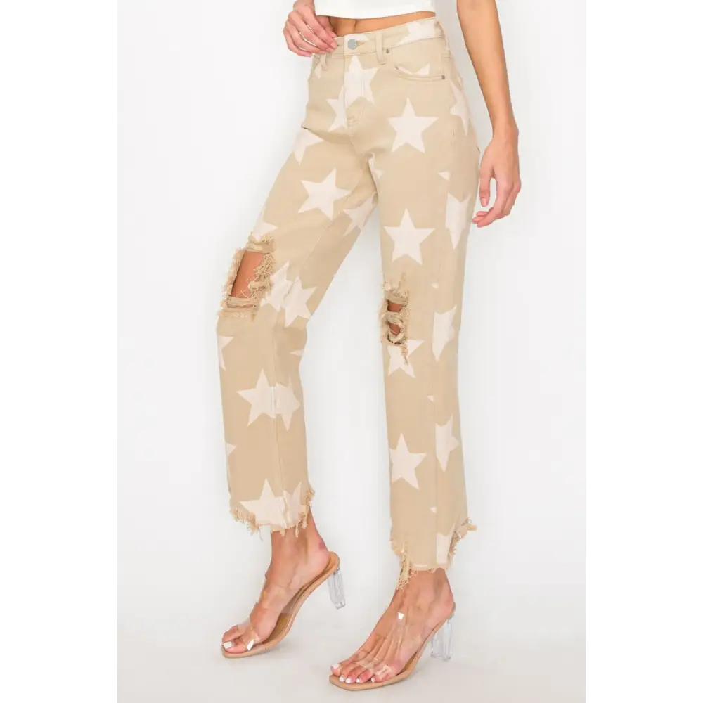 RISEN Full Size High Rise Star Printed Frayed Hem Jeans.