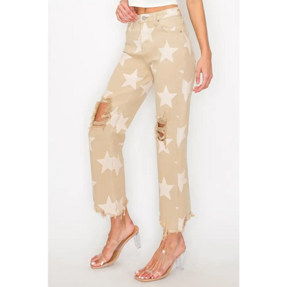 RISEN Full Size High Rise Star Printed Frayed Hem Jeans.