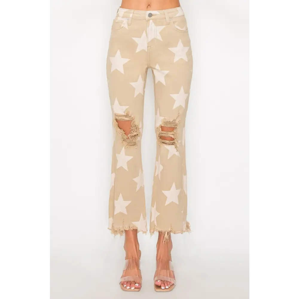 RISEN Full Size High Rise Star Printed Frayed Hem Jeans.