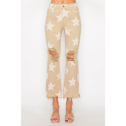 RISEN Full Size High Rise Star Printed Frayed Hem Jeans.